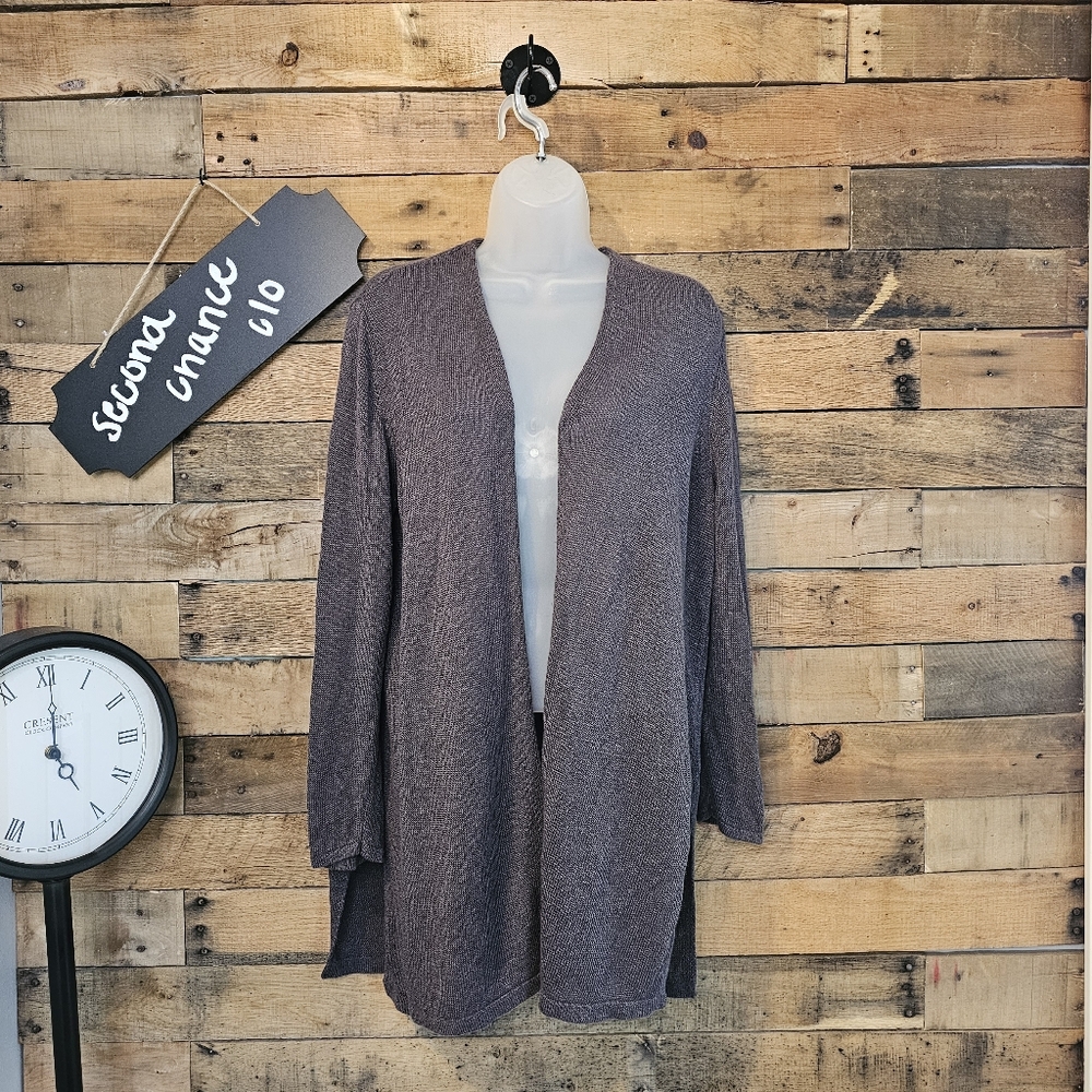 J. Jill Linen Blend Knit Open Front Split Hem Long Cardigan in Dark Gray Size L